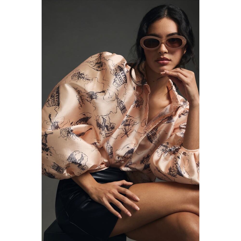Stella Nova EU 38 Anthropologie pink puff sleeve pattern button down blouse